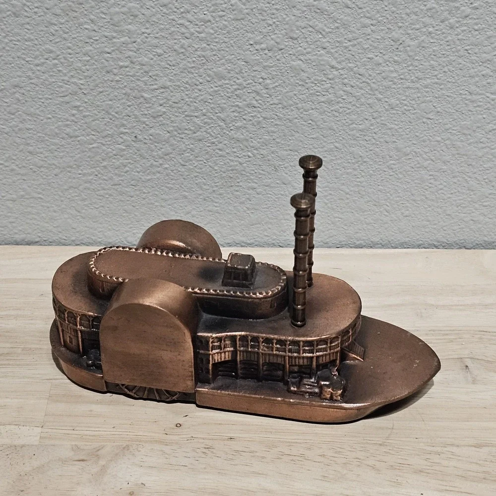Vintage Banthrico Copper Tone Metal Steamboat Coin Bank